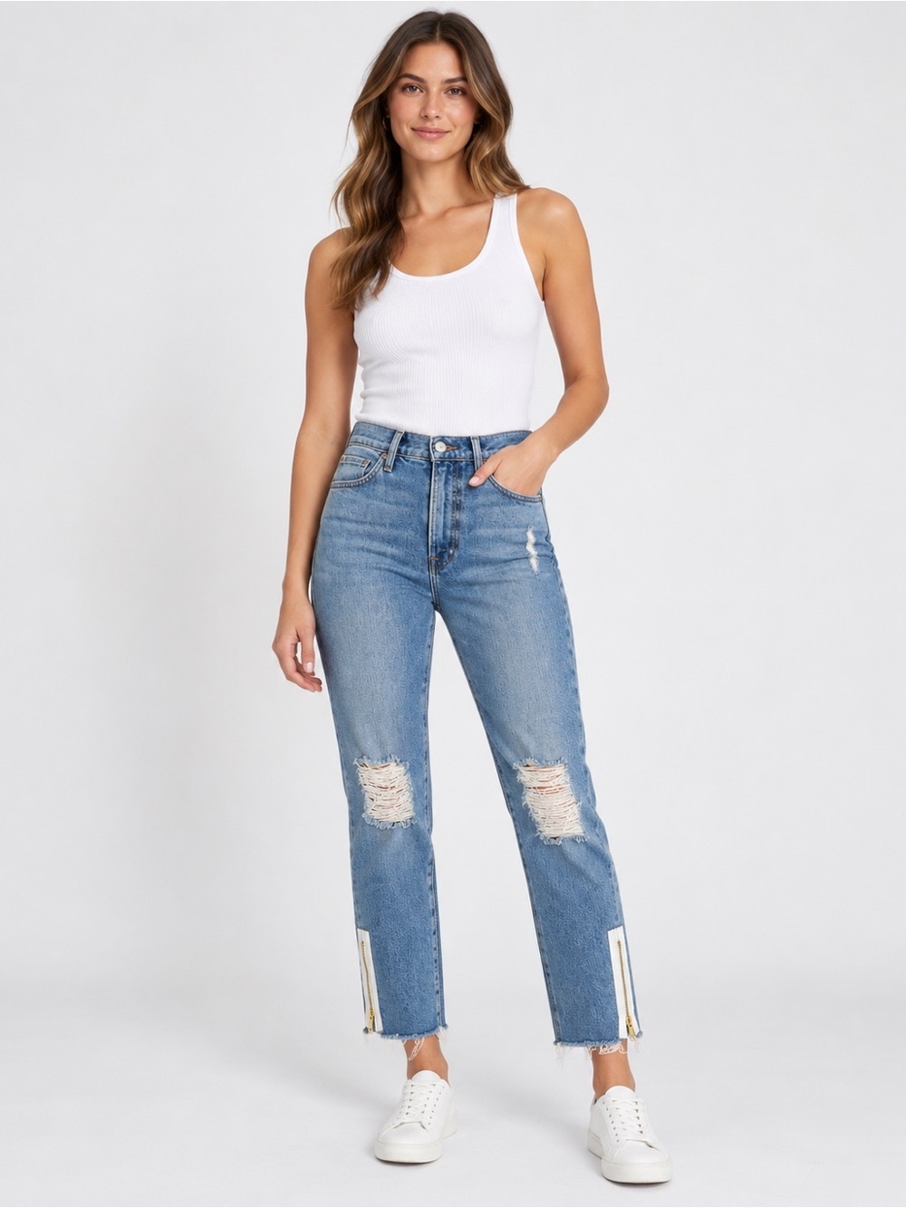 FRAME Le High Straight Alloway Distressed Ankle Zip Raw Hem Jeans 24